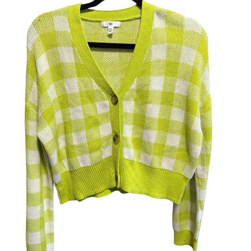 BP Lime Green Gingham Check Cropped Cardigan Small Y2K Preppy Soft Girl - Picture 2 of 6